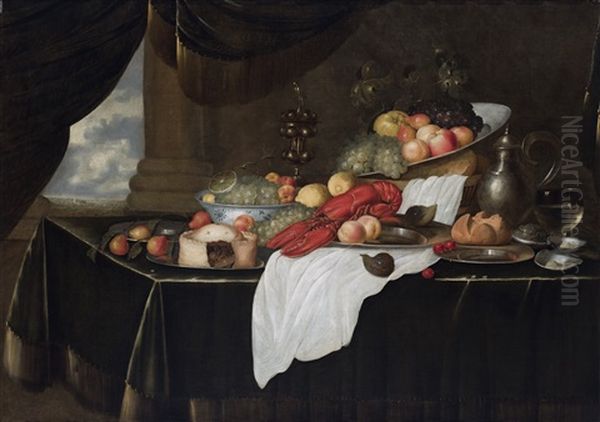 A 'pronkstilleven": A Sumptuous Still Life Of A Lobster, A Pie And Various Fruits In Blue And White Bowls And On Pewter Plates, Together With A Basket Of Bread, A Wine Glass, A Gilt Goblet, A Pewter Flagon, Oysters And A Fig On A Table Draped With A Red V - view 1