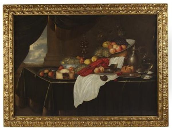 A Still Life Of Lobster, Fruit And Objets On A Table-top With A View Through A Window - view 1