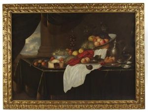 A Still Life Of Lobster, Fruit And Objets On A Table-top With A View Through A Window