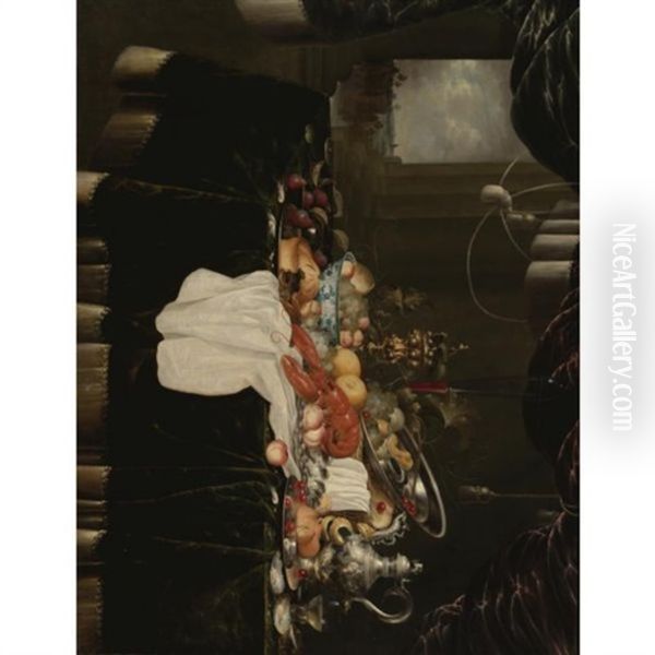 An Elaborate Still Life With A Lobster, Sweetmeat Pie, Oysters, Fruit, And A Blue And White Wanli Bowl, A Partly Filled Tall, Glass Flagon Of Wine, A Silver Pokal And Silver Jug - view 1