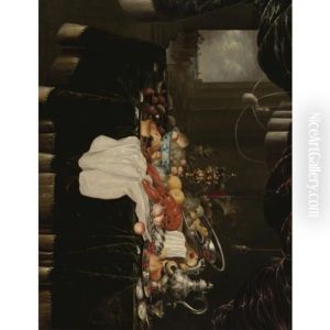 An Elaborate Still Life With A Lobster, Sweetmeat Pie, Oysters, Fruit, And A Blue And White Wanli Bowl, A Partly Filled Tall, Glass Flagon Of Wine, A Silver Pokal And Silver Jug by Andries De Koninck
