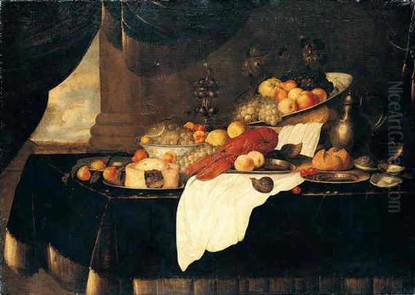 Still Life With Lobster, A Pie, And Various Fruits In Blue And White Bowls And On Pewter Plates Together With A Basket Of Bread, A Wine Glass... - view 1