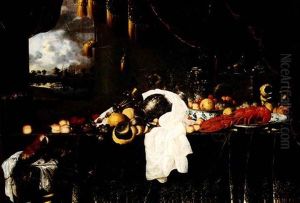 Elaborate Still-life Of Fruit And A Lobster With A Parrot