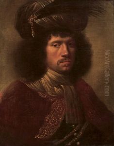 Portrait Of A Man Wearing A Plumed Turban And Gold Embroidered Red Cloak With A White Shawl