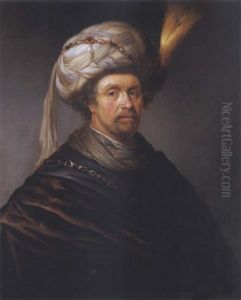 Portrait Of A Man Wearing A Plumed Turban And A Chain Of Office On A Brown Cloak