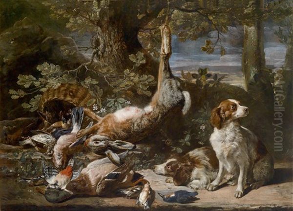 Ein Jagdstillleben Mit Erlegtem Niederwild Und Zwei Hunden - view 1
