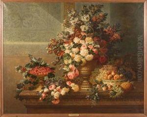 Coupes De Fruits Et De Fleurs Sur Une Entablement by Edmond De Koninck