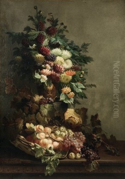 Nature Morte Au Bouquet De Fleurs Et Au Panier De Fruits - view 1