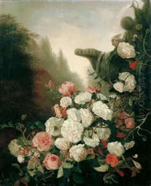 Blumenarrangement Vor Einem Brunnenbecken - view 1