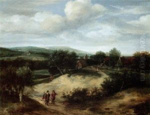 An Open Landscape With Huntsmen On A Track Before A Village by Jacob Koninck