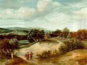 An Extensive Dune Landscape With Huntmen And Their Dogs, A Village Nearby