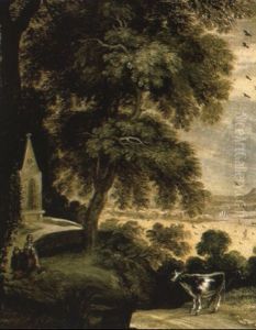 A Wooded Landscape With Cattle On A Track And A Maid Outside A Chapel by Kerstiaen Koninck
