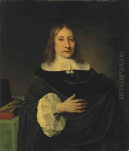 Portrait Of A Gentleman In A Black Mantle With A Lace Collar And Cuffs, His Hat And Gloves On The Table Behind Him by Philips Koninck