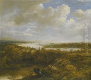Dune Landscape With A Hunter And His Dog Walking, A Windmill, And Sailing Boats On The Water In The Distance