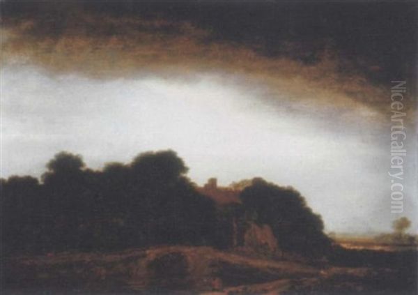A Wooded Landscape With A Cottage By A Path At Dusk, With An Artist Sketching In The Foreground - view 1