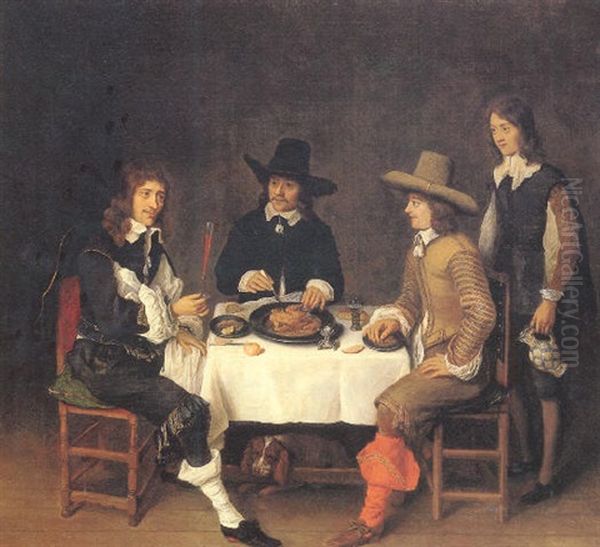 Three Men At Dinner With A Servant Nearby - view 1