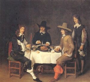 Three Men At Dinner With A Servant Nearby