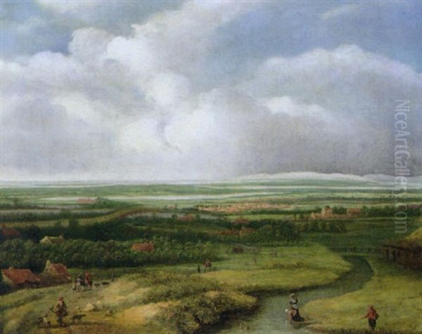 A Panoramic View With Figures On A Path And A Man Fishing In A River - view 1