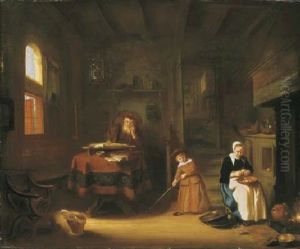 A Philosopher In An Interior With A Child Playing And A Woman Peeling Apples by Salomon Koninck