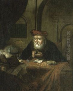 Moneychanger Seated At A Draped Table In An Interior