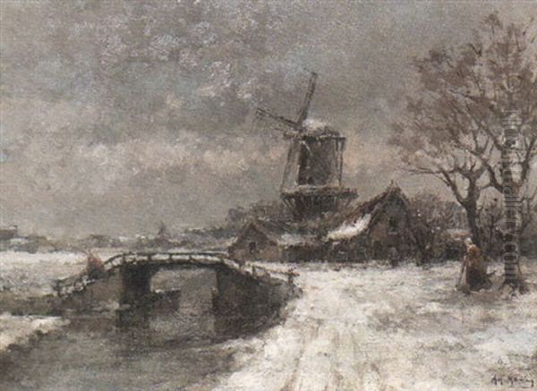 Winter Landscape With Windmill And Figures Near A Canal - view 1