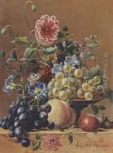 A Still Life Of Grapes, A Peach, And A Butterfly On A Table by Elisabeth Johanna Koning