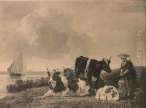 Lady With Cattle Along A Lake With Sailboats
