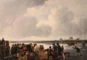 Figures On A Frozen River by Leendert de Koningh the Younger