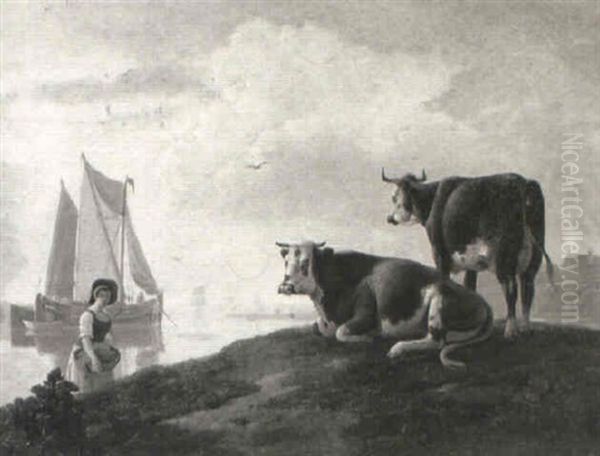 Washerwoman On A River Bank With Cattle - view 1