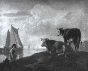 A Washerwoman On A Bank With Cattle by Leendert de Koningh the Younger