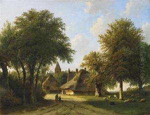 Auf Dem Lande. Blick Auf Ein Kleines Kirchdorf, Davor Schafer Bei Ihrer Herde