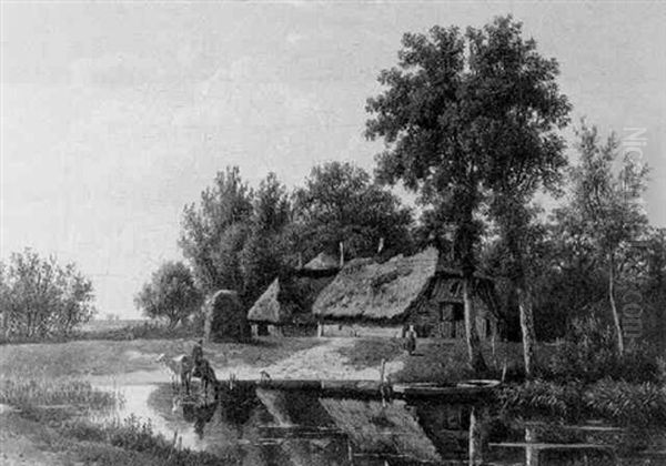 A Wooded Landscape With A Peasantwoman By A Farmhouse And A Traveller Watering Horses - view 1