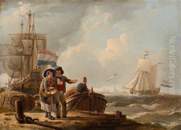 Dutch Harbour View With Merchant Ships And Figures - view 1