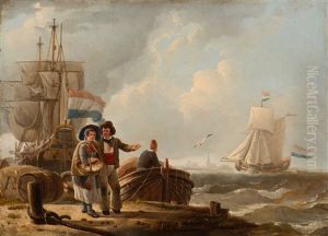 Dutch Harbour View With Merchant Ships And Figures by Leendert de Koningh