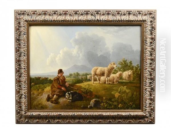 Sheppard Resting With Dog And Sheep Landscape - view 1