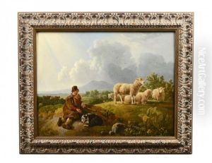 Sheppard Resting With Dog And Sheep Landscape Sheppard Resting With Dog And Sheep Landscape