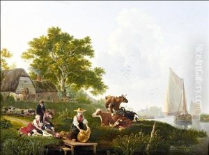 River Landscape With Barges, Cattle And Maid Cleaning Metalware
