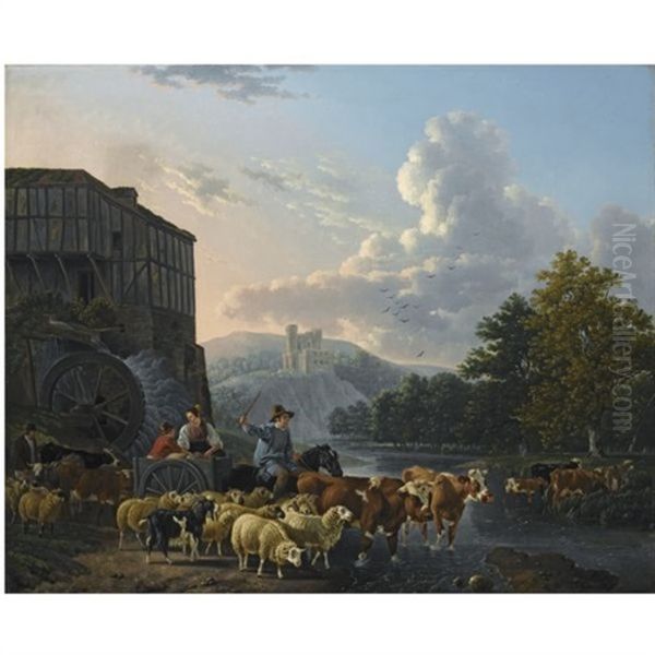 A Herd With Cattle Crossing A River - view 1
