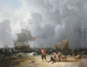 Pecheurs De Crevettes A La Plage Avec Trois-mats Et Voiliers A L'arriere-plan
