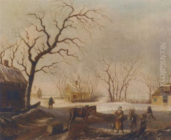 Firewood Gatherers By A Frozen River In A Dutch Hamlet - view 1