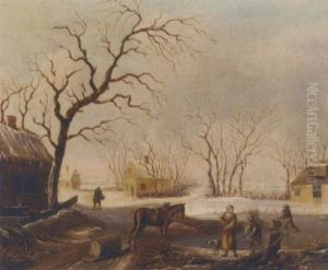 Firewood Gatherers By A Frozen River In A Dutch Hamlet by Leendert de Koningh