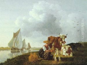 A Maid Milking A Cow On The Bank Of A River, Sailing Vessels Beyond