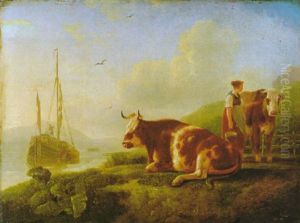 Paisaje Con Vaquera, Rio Y Barca by Leendert de Koningh