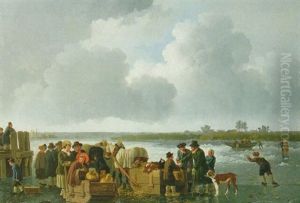 A Winter Landscape With Cattle-traders And Push- And Horse-drawn Sledges On A Frozen River