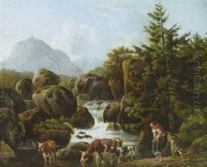 A Mountainous Landscape With A Peasant Family And Cows By A Waterfall by Leendert de Koningh