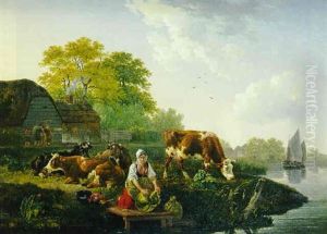 Bergere Et Son Troupeau Pres Da La Riviere by Leendert de Koningh