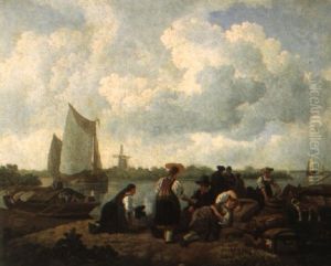 Travellers Resting On A Riverbank by Leendert de Koningh