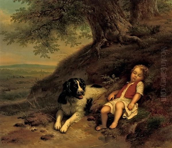 A Boy Resting With His Dog, In A Landscape - view 1