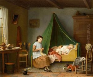 A Knitting Girl And Sleeping Children In An Interior by Sophia de Koningh