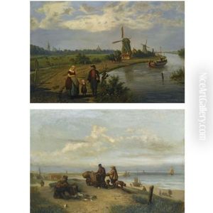 Strolling Along The River On A Sunny Day (+ After A Day's Catch; 2 Works) by Jacobus Van Koningsveld